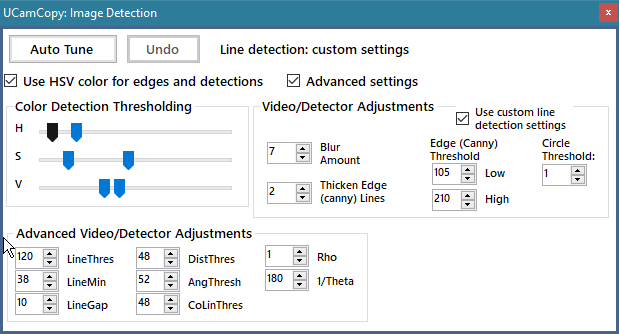 The Image Detection window with Advanced settings on
