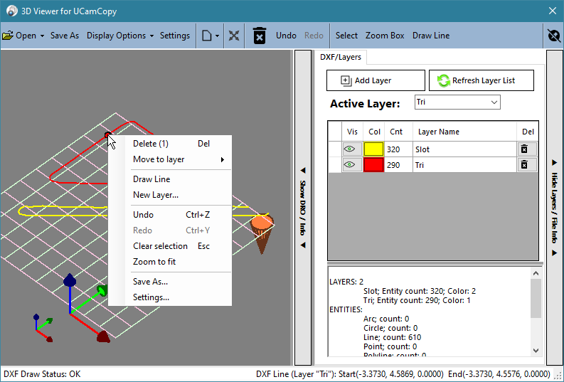 The viewer right-click menu with one entity selected