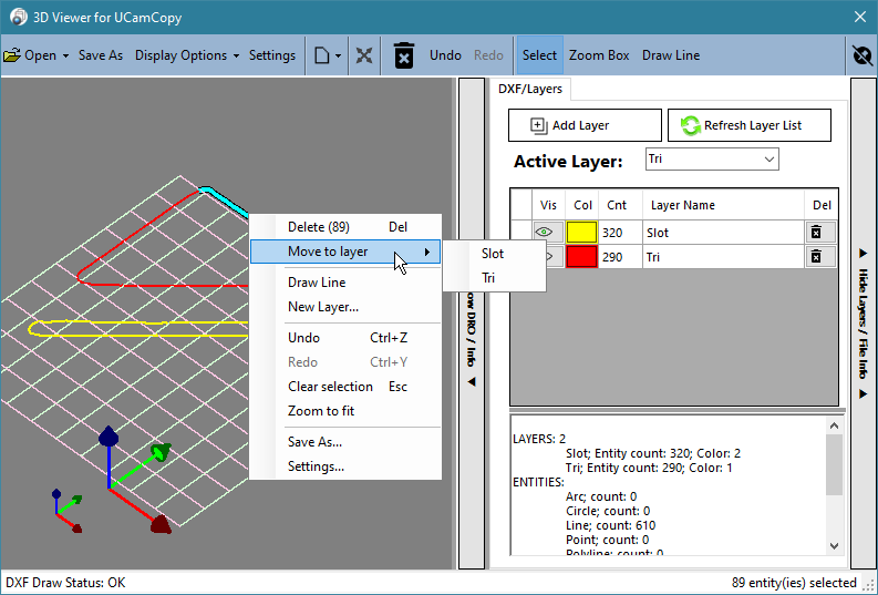 The Move to layer submenu listing Slot and Tri