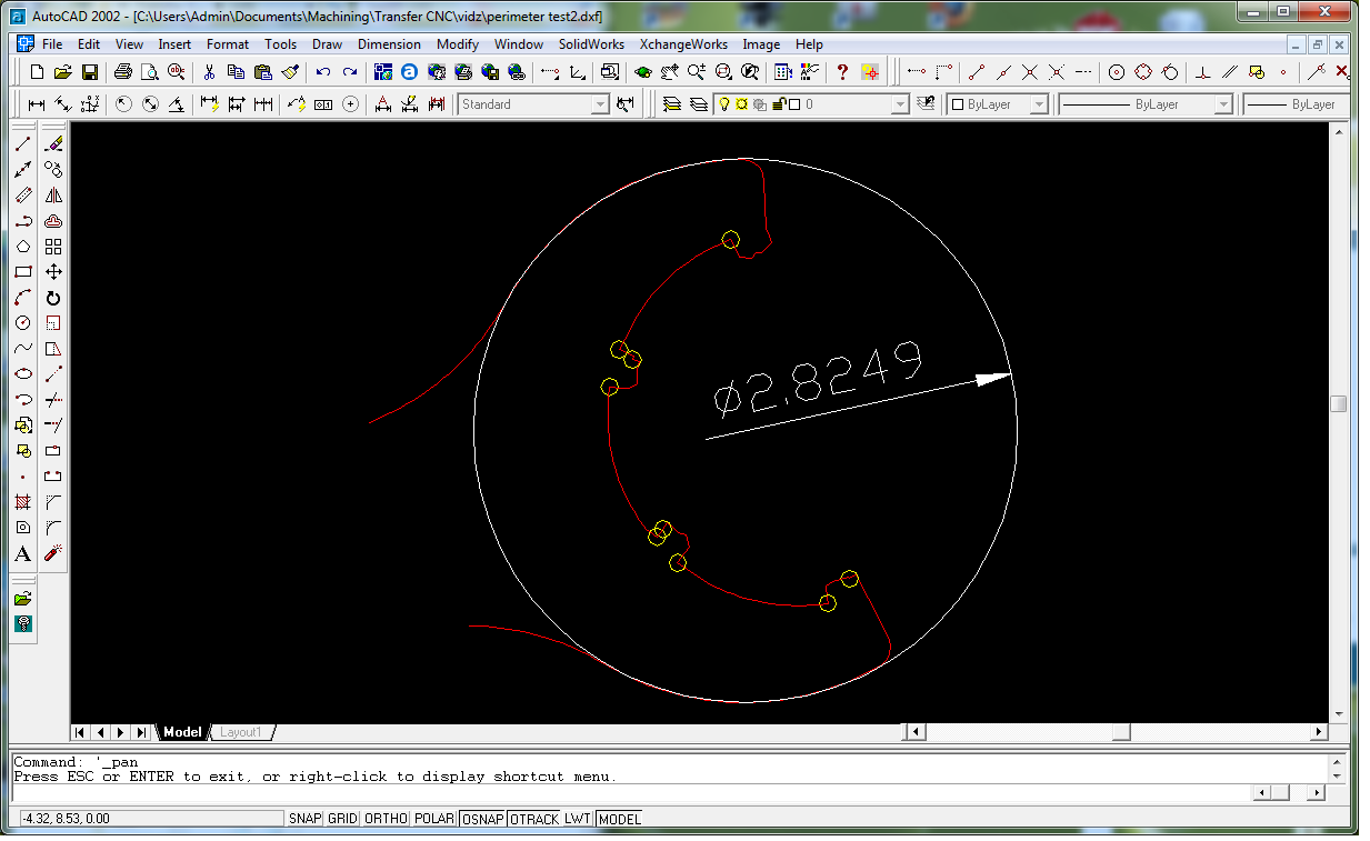 Probed diameter shown in a CAD program