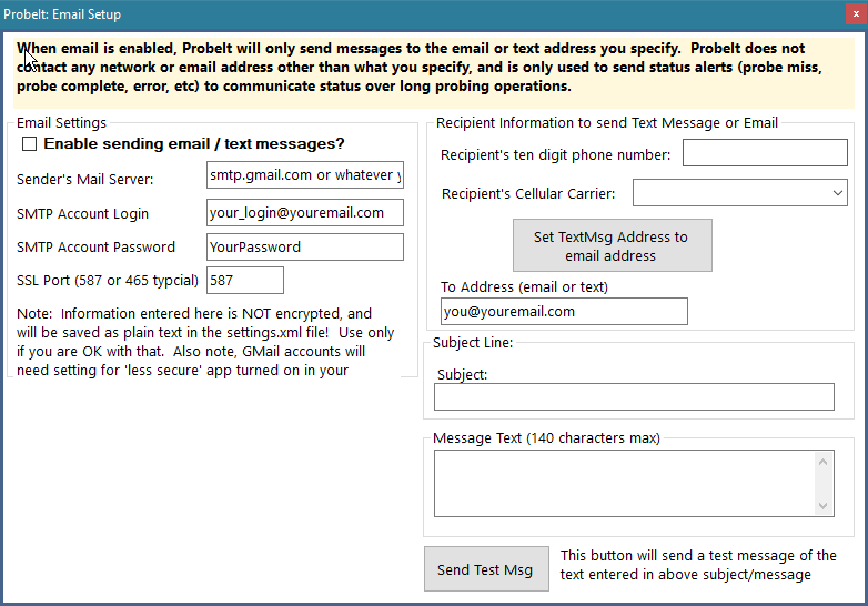 The Email Setup window