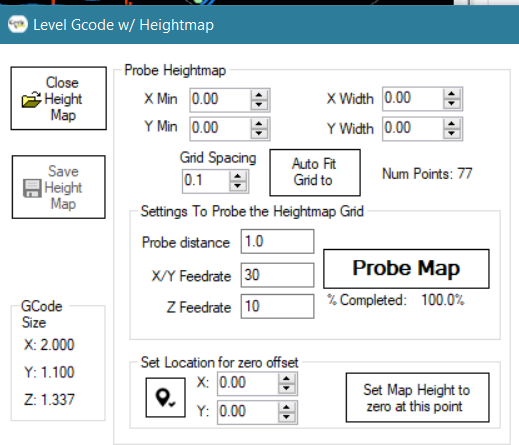 Level GCode with Heightmap window