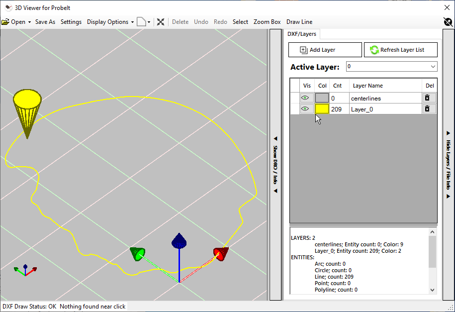 The viewer with DXF data and the Layers panel open