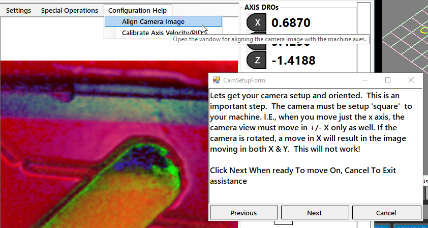 The Align Camera Image entry of the Configuration Help menu and the first page of the alignment guide