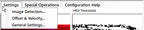 The Settings menu with Image Detection, Offset and Velocity, and General Settings