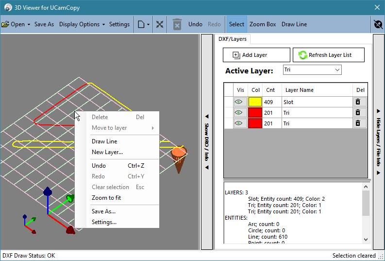 The viewer right-click menu with nothing selected, Delete and Move to layer greyed out