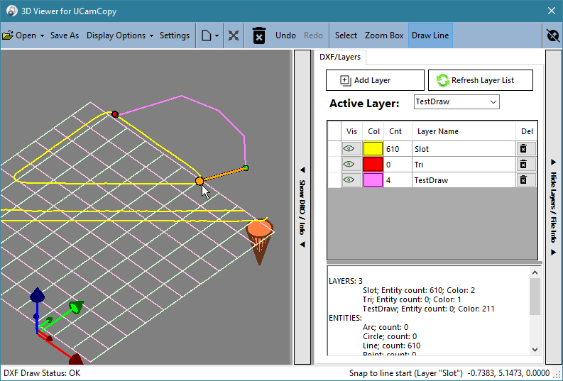 Lines drawn on the new active layer TestDraw, shown in pink, with the snap dot on an existing line