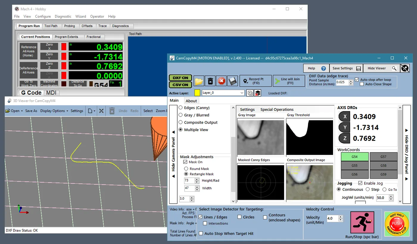 CamCopyM4 with its 3D viewer showing a traced edge recorded to DXF